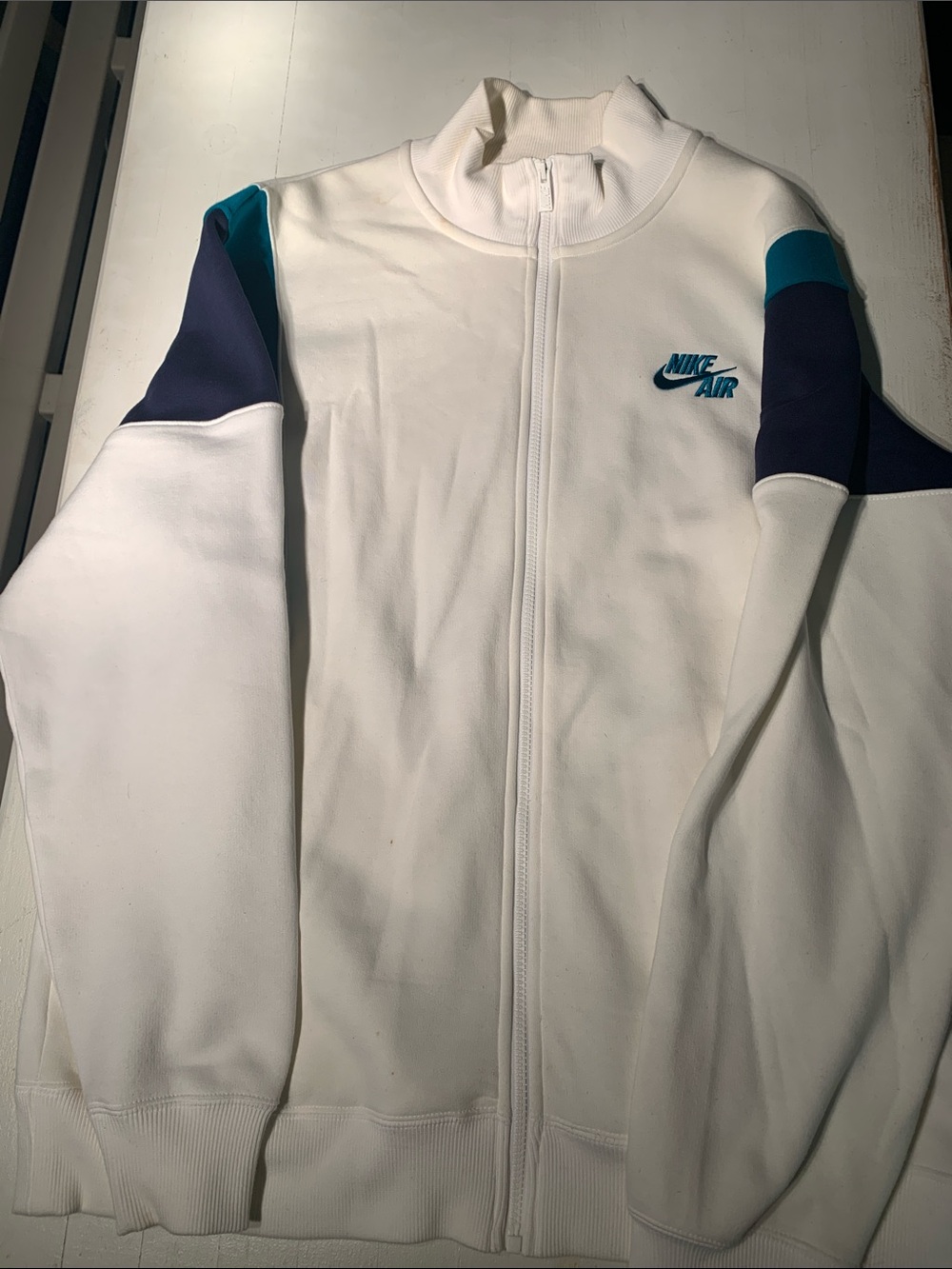 Nike White Bomber Jacket with Teal and Navy Accents